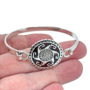 Vintage Sterling Silver 925 Jasper Inlay Mayan Calendar Hook Bracelet | 6.75"